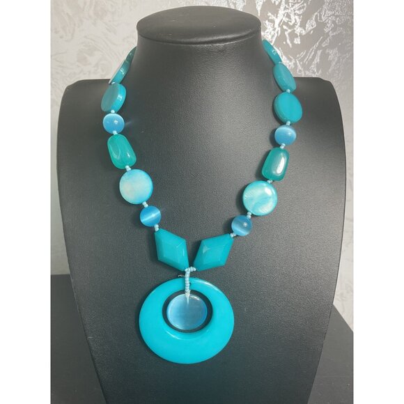 Turquoise Blue Beaded Statement Necklace With Large Pendant & Adjustable Chain - Picture 1 of 4